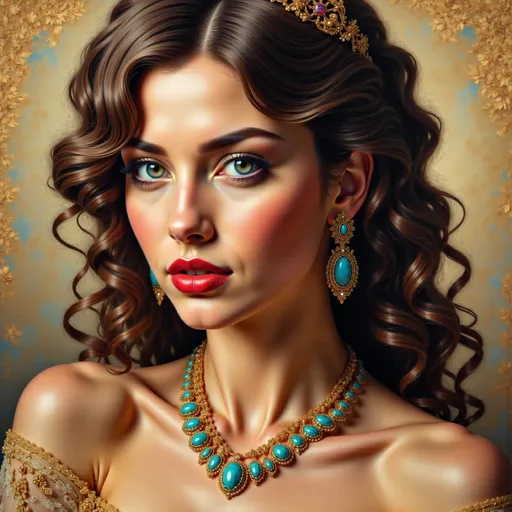 Prompt: a woman with aturquoise and gold necklace and earrings on her neck , Edwin Georgi, figurative art, highly detailed digital painting, a photorealistic painting