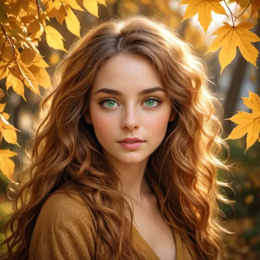 Prompt: Golden autumn leaves frame the enchanting face of a young woman with striking green eyes that glimmer with vitality. Her flowing, wavy hair cascades around her shoulders, intermingled with a few scattered leaves, emphasizing the seasonal theme. The background is softly blurred, suggesting a serene outdoor environment bathed in warm, golden light, evoking a sense of calm and reflection. The color palette blends earthy tones of amber and green, enhancing the overall warmth of the image. This captivating portrait captures a moment of connection with nature, embodying the beauty and tranquility of the fall season.
