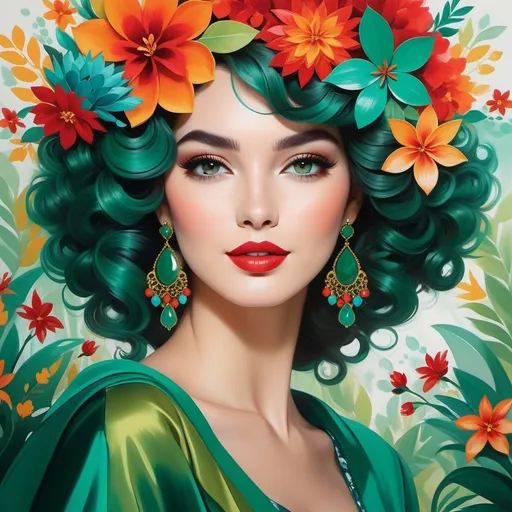Prompt: Radiating vibrancy, a striking woman dominates the scene with her captivating features, framed by luscious, emerald and teal curls that flow dramatically around her face. Adorned with an array of delicate flowers in hues of red and orange, her look is further enhanced by sparkling earrings that echo the floral motif, while her full lips are painted a bold cherry red, sharply contrasting with her porcelain skin. The background bursts with a cheerful explosion of colorful flowers and intricate patterns, bathing the composition in warm yellows and lively greens that evoke a sense of joy and celebration. The artwork’s sharp lines and vivid colors convey a playful yet sophisticated energy, suggesting a celebration of beauty and cultural richness in a festive atmosphere. This striking image invites viewers to appreciate the harmonious blend of nature and art, echoing themes of femininity and vitality.