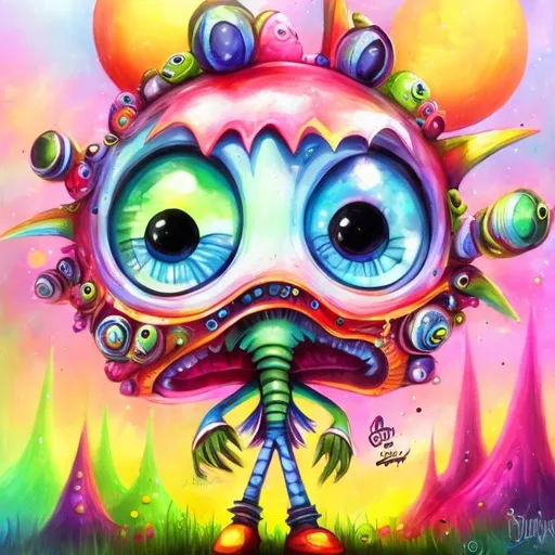 Prompt: Whimsical, cute alien, cartoon style, vibrant colors, large expressive eyes, playful demeanor, alien landscape, otherworldly plants, best quality, high resolution, vibrant, cartoon, cute, whimsical, otherworldly, playful, expressive eyes, alien landscape, vibrant colors, professional