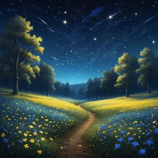 Prompt: A mesmerizing digital artwork depicting a peaceful, starlit night in a vibrant meadow. The scene is bathed in the soft glow of countless stars that dot the night sky, with a few shooting stars streaking across. The ground is covered with a carpet of blue and yellow flowers, their delicate petals glowing softly in the starlight. Tall trees stand along the edge of the meadow, their leaves catching the light, creating a gentle contrast between the darkened woods and the illuminated field. The sky is a deep blue, filled with clusters of stars and distant clouds, adding depth and wonder to the scene. The overall atmosphere is magical and serene, capturing the beauty of a quiet night in nature. Tags: digital art, night sky, stars, meadow, flowers, serene, nature, magical.