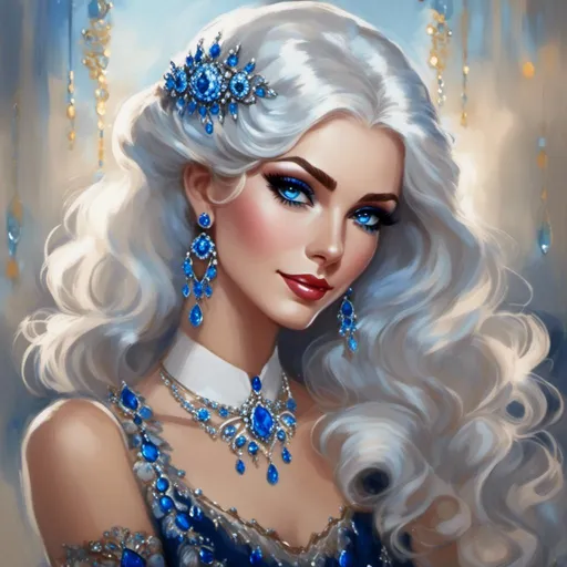 Prompt: <mymodel>A beautiful woman, white hair, blue eyes, blue eyeshadow, blue jewels on forehead