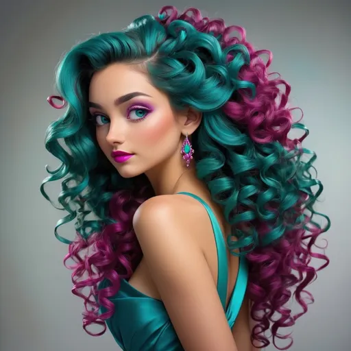 Prompt: A beautiful woman,long curly hair pinned back, adorned in colors of teal blue and magenta