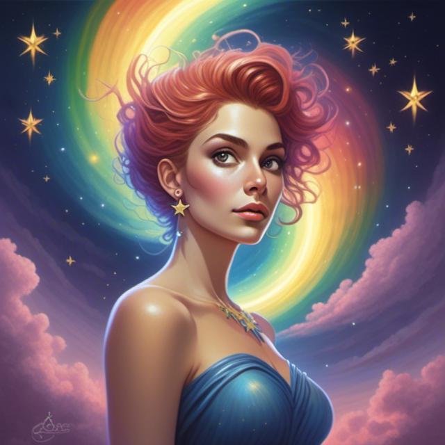 Prompt: <mymodel> a woman in a blue dress holding a star in her hand and a rainbow swirl around her body, with stars in the sky, Anne Stokes, fantasy art, highly detailed digital painting, a detailed painting