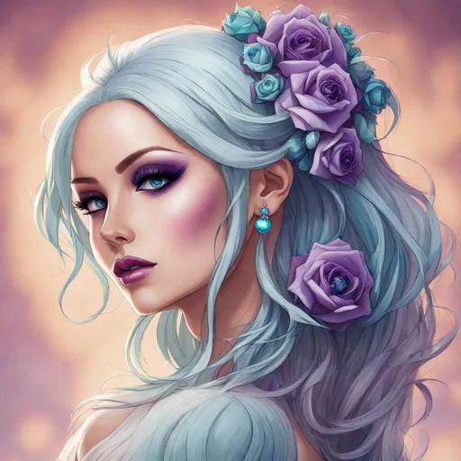 Prompt: A beautiful woman, white hair with pastel purple highlights, violet eyes, blue eyeshadow, pastel blue  and teal roses in her hair, blue jewels on forehead, cartoon style