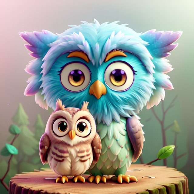 Prompt: Adorable illustration of two owls, soft pastel colors, dreamy forest setting, ultra-detailed feathers, big expressive eyes, whimsical, high quality, pastel colors, dreamy lighting