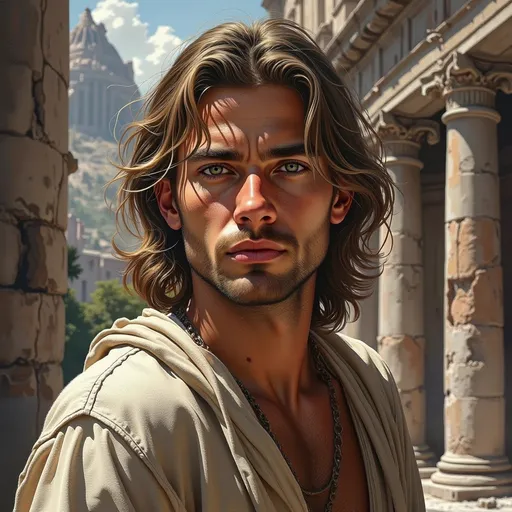 Prompt: This is a highly detailed, realistic digital artwork depicting a young man with a strikingly handsome appearance. He has long, wavy, light brown hair that falls just past his shoulders, framing his face. His skin is fair with a slight sun-kissed glow, and he has a few freckles scattered across his cheeks and nose. His eyes are a piercing green, with well-defined eyebrows that add to his intense gaze. He has a strong, chiseled jawline and a slight hint of a beard.

He is wearing a simple, beige tunic made of a rough, textured fabric that looks worn and slightly dusty, suggesting he has been outdoors or in an ancient setting. The background features an ancient ruins scene with tall, weathered stone columns and partially collapsed structures, creating a sense of historical decay. The sky is clear with a few fluffy clouds, and the lighting is natural, casting soft shadows that enhance the depth and realism of the image.

The overall style of the artwork is hyper-realistic, with meticulous attention to detail in the textures of the hair, skin, and fabric, as well as the ancient ruins. The composition centers the young man, drawing the viewer's focus to his expressive face and captivating eyes.