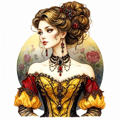 Prompt: <mymodel> beautiful woman, hair pinned up, yellow red black dress, earrings, Watercolor, trending on artstation, sharp focus, studio photo, intricate details, highly detailed, by  Josephine Wall and Jasmine Becket-Griffith