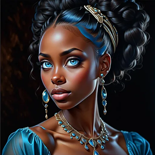 Prompt: <mymodel>Highly realistic oil painting of an elegant black woman, mesmerizing striking blue eyes, regal posture, intricate braided hair, rich and warm skin tones, luxurious velvet gown, detailed jewelry, classic portrait style, impeccable lighting, high quality, ultra-realistic, oil painting, regal, detailed eyes, elegant, warm tones, luxurious, classic portrait, professional lighting