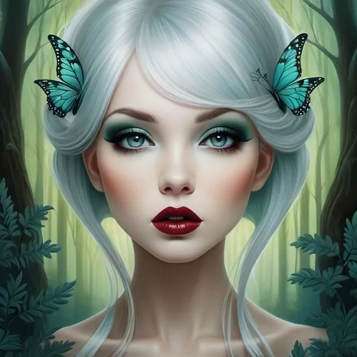 Prompt: The beautiful young lady with blowing platinum hair illustration art by Lori Earley, Daria Endresen, Tristan Eaton. Whimsical forest background, Extremely detailed, intricate, beautiful. 
