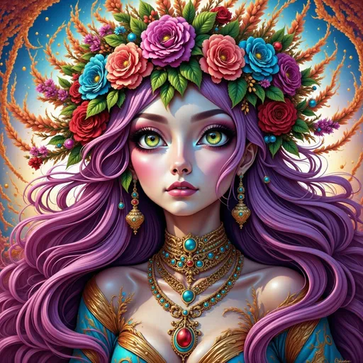 Prompt: a woman with long  purple hair and flowers on her head is wearing a necklace and a flower crown with roses, Anne Stokes, fantasy art, highly detailed digital painting, computer graphics