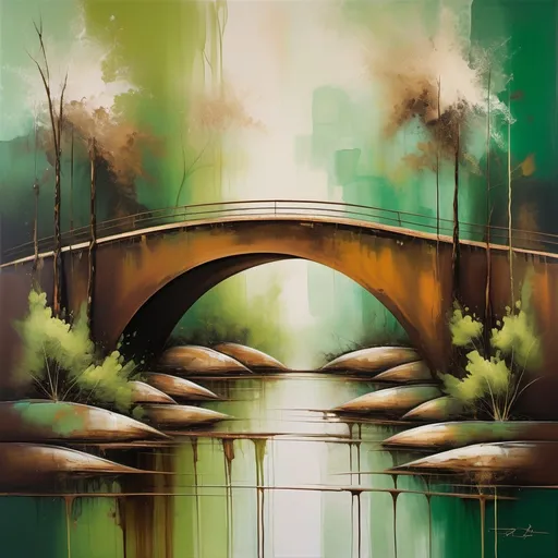 Prompt: (Abstract painting of a bridge  ), softly blended (green and brown tones), organic shapes and textures, rich depth and contrasts, fluid brushstrokes, creating a harmonious and earthy ambiance, soothing yet vibrant atmosphere, inviting emotional connection, high-resolution, ultra-detailed, captivating visual experience, art that evokes nature’s tranquility and rustic charm.