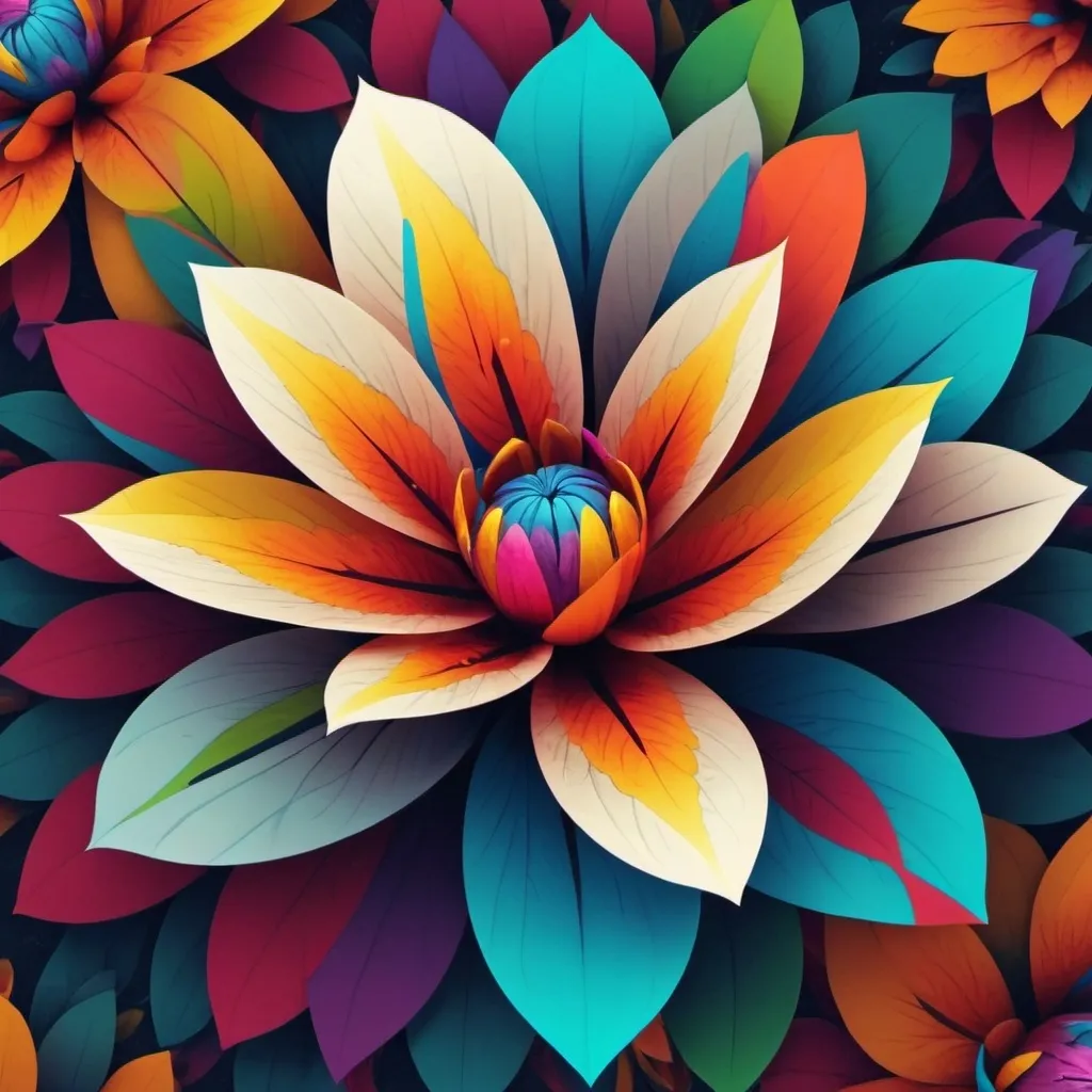 Prompt: a colorful flower with many different colors on it's petals and leaves, as well as a background, Android Jones, generative art, colorful flat surreal design, computer graphics