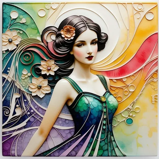 Prompt: Abstract encaustic texture, gradient inking colors, Jessica Galbreth, Irmgard Schoendorf Welch, Javier Mariscal, Charles Rennie Mackintosh, Lee Mullican style, a beautiful whimsical young woman, wonderland, decoupage.