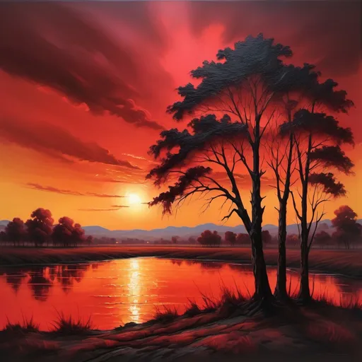 Prompt: Red sunset landscape, oil painting, vibrant colors, fine details, high-quality, realistic, warm tones, dramatic lighting, expansive horizon, silhouettes of trees, serene atmosphere