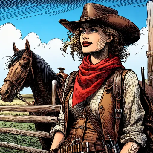 Prompt: a woman in a cowboy hat and leather vest with a red scarf is standing next to a horse and a fence with a sky background and a horse, Bob Ringwood, fantasy art, western comic book art, a character portrait