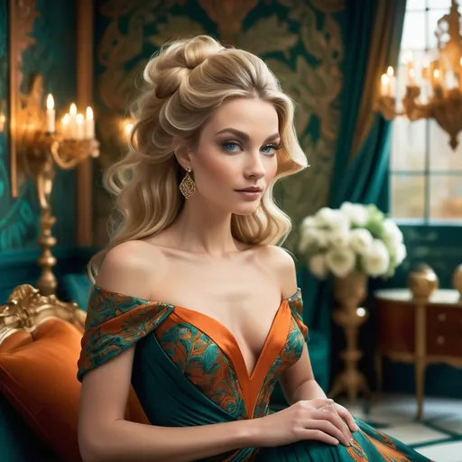 Prompt: A striking figure stands poised in an elegantly designed room adorned with a vividly patterned wall in rich orange and teal hues, evoking a sense of opulence and artistry. Dressed in an enchanting gown that blends deep teal and soft green fabrics, the woman radiates grace and sophistication, her long, flowing dress accentuating her serene expression and flowing blonde hair. Beside her, a round table holds a beautifully decorated vase brimming with cheerful yellow daisies, complementing the surrounding color palette. The warm glow from an ornate lamp adds a soft ambiance, highlighting the intricate details of the furniture and the vibrant floral arrangement, creating a harmonious blend of elegance and warmth that invites admiration.