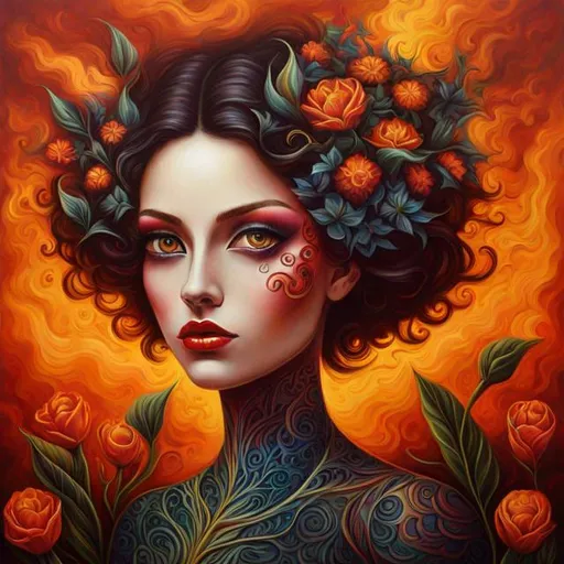 Prompt: Beautiful  hybrid woman with flowers sprouting from her, oil painting, detailed fiery eyes, ethereal glow, dark and mysterious, high quality, vibrant colors, surreal, haunting, intricate floral details, intense gaze, mystical atmosphere, oil painting, demon, hybrid, fiery eyes, ethereal, vibrant colors, surreal, haunting, floral details, intense gaze, mystical atmosphere