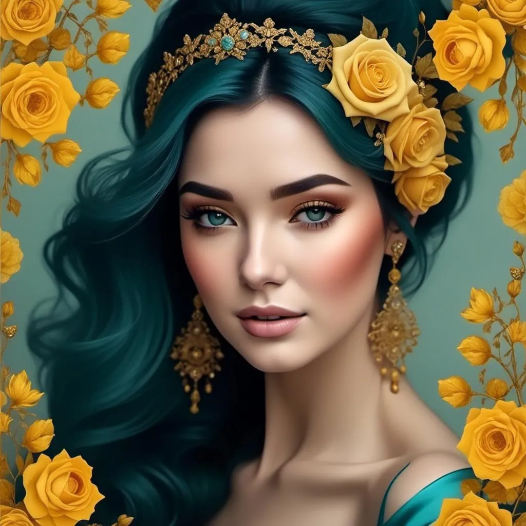 Prompt: a woman accented with colors of honey yellow and turqouoise<mymodel>