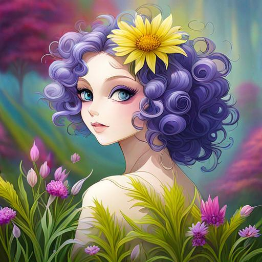 Prompt: a fairy of spring, Sbitley Temple curls, ,wildflowers, vivid colors, closeup