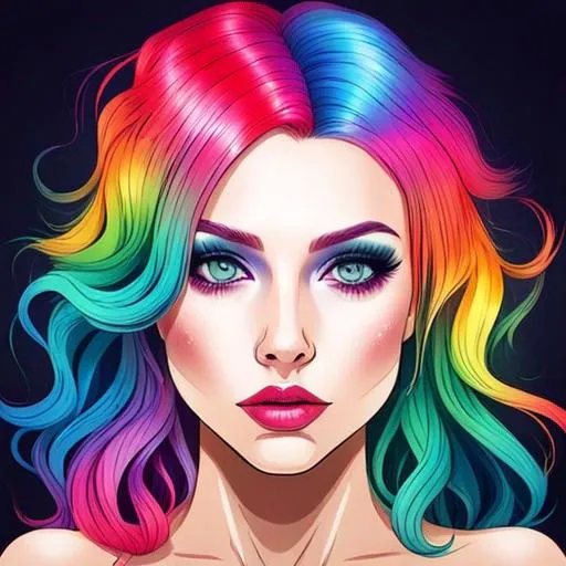 Prompt: Girl with rainbow colored hair, bright eyes,  beautiful makeup, facial closeup