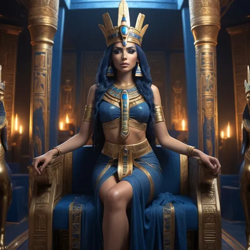 Prompt: HD 4k 3D, 8k, hyper realistic, professional modeling, ethereal Egyptian Goddess style, Ruler Goddess, beautiful, holding scepter,  glowing fair skin, dark blue hair, mythical regal gown, crown, full body, powerful, on throne on egyptian boat, Fantasy setting, surrounded by ambient divine glow, detailed, elegant, surreal dramatic lighting, majestic, goddesslike aura, octane render, artistic and whimsical