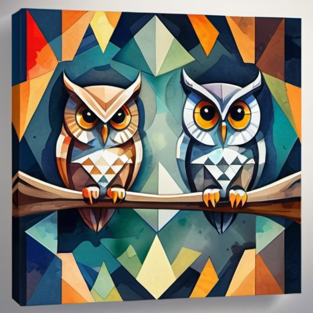 Prompt: owl in a watercolor painting cubism art style