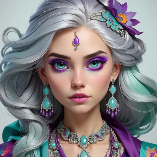Prompt:  illustration of a young woman with beautiful silver hair, aqua and purple tones, elaborate jewelry, detailed makeup, colorful attire