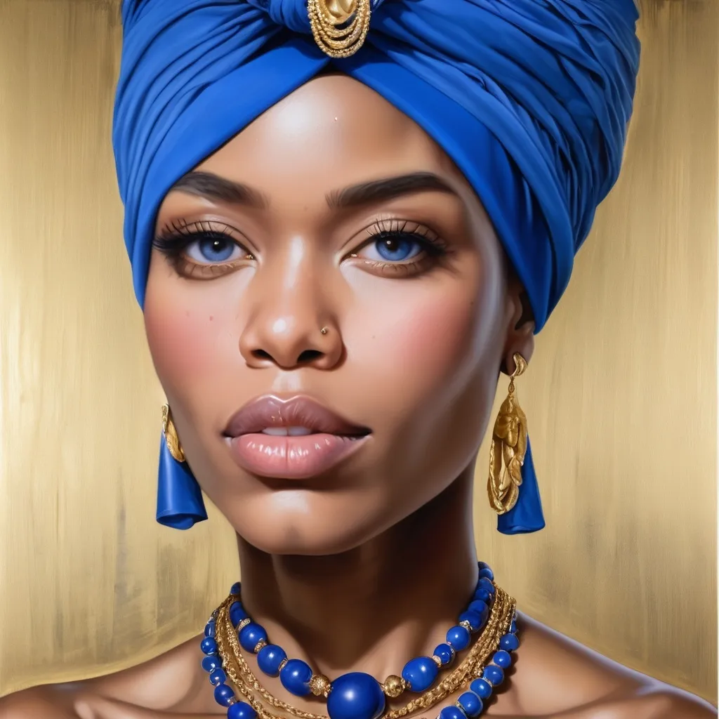 Prompt: <mymodel> a painting of a woman wearing a blue turban and a necklace with a gold necklace on it, Chinwe Chukwuogo-Roy, photorealism, photorealistic portrait, a photorealistic painting