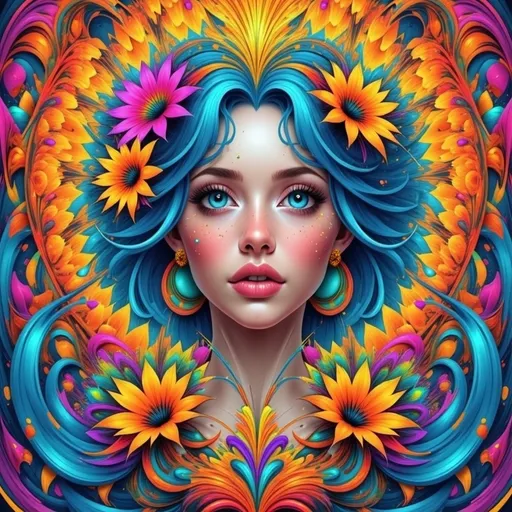 Prompt: a woman with blue hair and flowers in her hair, surrounded by flowers and butterflies, is shown in a surrealistic painting, Android Jones, psychedelic art, rossdraws global illumination, a detailed painting