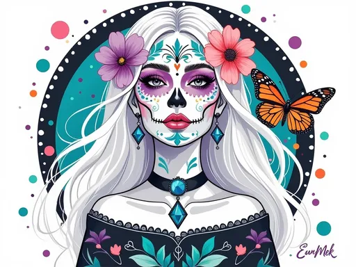 Prompt: This is a digital illustration in a vibrant, colorful, and detailed style. The central subject is a woman with long, flowing white hair adorned with pink and purple flowers on either side of her head. Her face is painted in a traditional Day of the Dead (Día de los Muertos) style, with intricate blue and black patterns covering her cheeks, nose, and forehead. Her eyes are accentuated with bold purple eyeshadow and long lashes, and she has pink lips. She wears a black off-the-shoulder top with teal and white floral designs, and a blue diamond-shaped gem hangs from a black choker around her neck. Her ears are adorned with matching diamond-shaped earrings. A striking orange and black butterfly is perched on the right side of her head. The background features a teal circular frame with a black dotted border, surrounded by colorful polka dots in pink, orange, and teal. The artist's signature, "EunMek," is in purple at the bottom right. The overall composition is balanced and vibrant, blending traditional Mexican cultural elements with a modern, colorful art style.