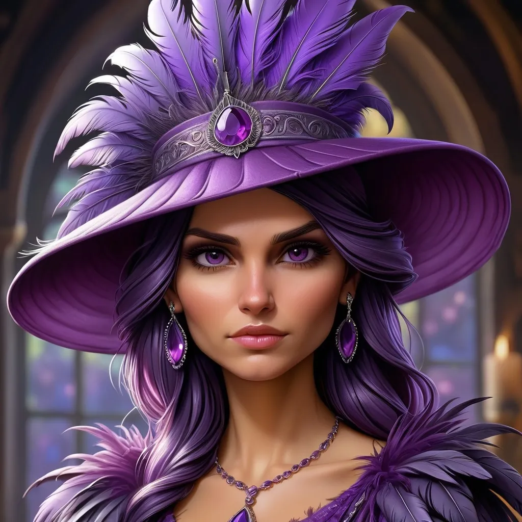 Prompt: a woman wearing a purple hat with feathers on it's head and a purple dress with a purple feathered dress, Anne Stokes, fantasy art, highly detailed digital painting, a detailed painting