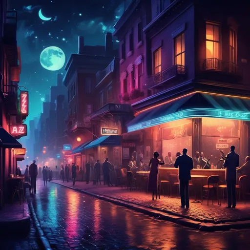 Prompt: midnight jazz night street, vibrant city atmosphere, dimly lit cobblestone roads, vintage jazz club with neon signs, street musicians playing soothing melodies, cool tones and soft shadows, starry night, dynamic energy of nightlife, whimsical ambiance, high-quality, ultra-detailed, cinematic masterpiece