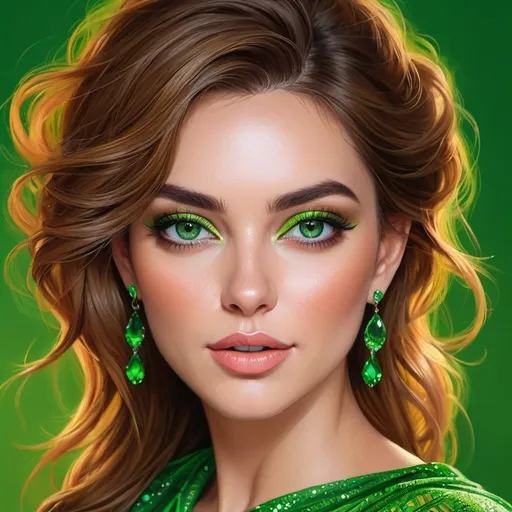 Prompt: <mymodel>Detailed illustration of a woman in vibrant green attire, large vivid green eyes, elegant makeup, digital painting, high resolution, realistic style, vibrant green, professional lighting