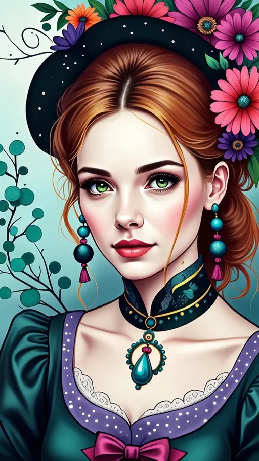 Prompt: This is a digital drawing in a vibrant, stylized, and somewhat surreal art style. The central figure is a young woman with fair skin, dark, straight bobbed hair, and striking green eyes. She wears a traditional, colorful dress with puffed sleeves in shades of pink and teal, adorned with a large pink bow on the right sleeve. Her dress has a purple neckline with white polka dots. A large, multicolored flower with petals in pink, orange, and purple is tucked into her hair on the left side. 

The background is an abstract, swirling mix of colors including blue, purple, teal, pink, and yellow, creating a dynamic and eye-catching effect. There are stylized, curved lines and circular shapes resembling flowers and leaves, adding to the whimsical feel. On the left side of the image, a white branch with circular, turquoise flowers extends upwards. The overall texture is smooth, with bold, black outlines defining the shapes and colors. The woman's expression is calm and slightly introspective, and she is centered in the composition, with the colorful background framing her. The image combines elements of folk art and modern digital illustration, resulting in a unique and visually striking portrait.