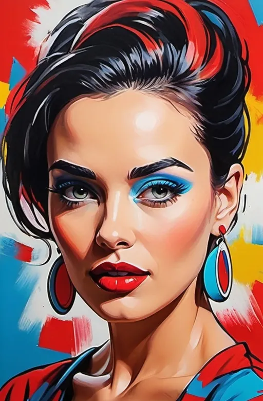 Prompt: <mymodel> Vibrant pop art portrait of a confident woman, acrylic painting, bold and bright colors, dynamic brush strokes, retro comic book style, high contrast, expressive facial features, striking red lips, lively and energetic, 4k resolution, pop art, acrylic painting, vibrant colors, dynamic brush strokes, retro style, expressive face, high contrast, energetic, bold design, professional lighting