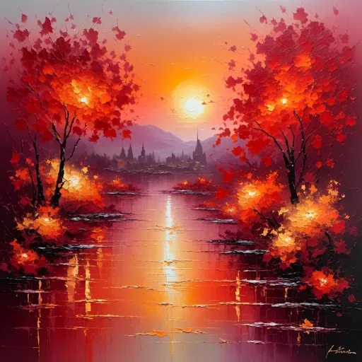 Prompt: <mymodel>Vibrant abstract painting of a serene sunrise, blend of warm red and orange hues, calming atmosphere, high quality, oil painting, relaxing mood, blended colors, serene setting, peaceful, warm tones, atmospheric lighting