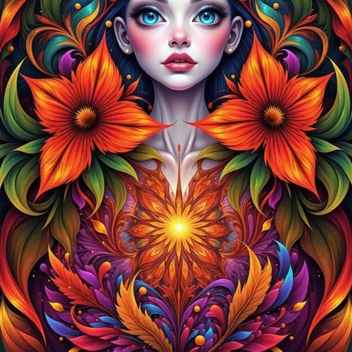 Prompt: Beautiful  hybrid woman with orange flowers sprouting from her, oil painting, detailed fiery eyes, ethereal glow, dark and mysterious, high quality, vibrant colors, surreal, haunting, intricate floral details, intense gaze, mystical atmosphere, oil painting, demon, hybrid, fiery eyes, ethereal, vibrant colors, surreal, haunting, floral details, intense gaze, mystical atmosphere