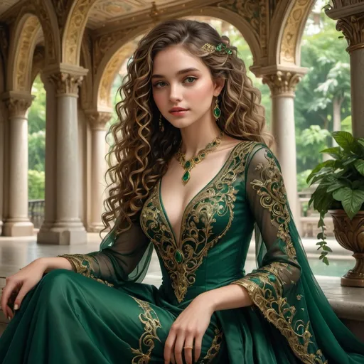 Prompt: Lush, cascading curls frame the delicate face of a young woman whose striking features exude elegance and grace. Dressed in a rich emerald gown adorned with intricate gold embroidery, she sits poised amidst a verdant backdrop, accentuating her serene yet captivating presence. The intricate architecture behind her, with its ornate colonnades, hints at a regal setting, while soft, dappled light filters through the foliage, enhancing the enchanting mood of the scene. Her large, expressive eyes and subtle blush create a sense of warmth and depth, inviting viewers into her world of beauty and mystery. Overall, the image combines a romantic palette with intricate details to convey a story of grace and timeless allure.