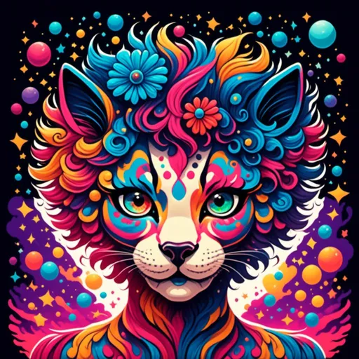 Prompt: <mymodel>a psychedelic  clown like feline with an explosion of color 