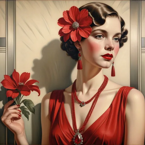 Prompt: a woman with a red dress and a red flower in her hair and a red necklace and earrings on, Edwin Georgi, art deco, realistic shaded perfect face, a photorealistic painting