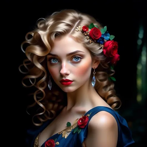 Prompt: <mymodel>Fairy tale, beautiful girl with white skin, (perfect face), light golden hair, blue pupils, red lips, forest style, mysterious, vintage fashion-dresses, with a transparent crystal crown on her head, the woman's body is so white Glows, (high detail) sitting on an oversized red rose, hyperdetail, ultra high definition.