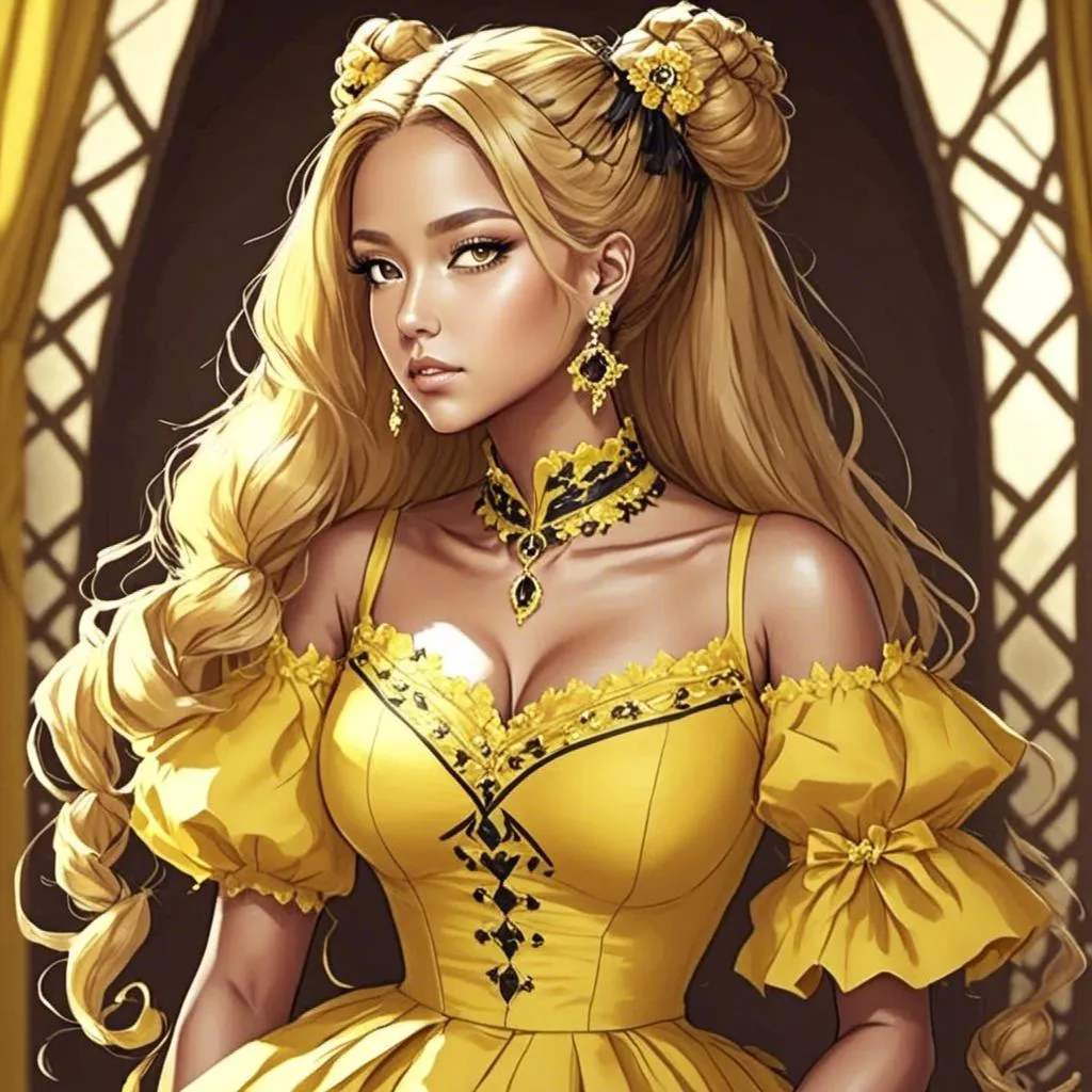 Prompt: <mymodel><mymodel>Bumbleigh Bee. pretty lady wearing a flowing yellow dress