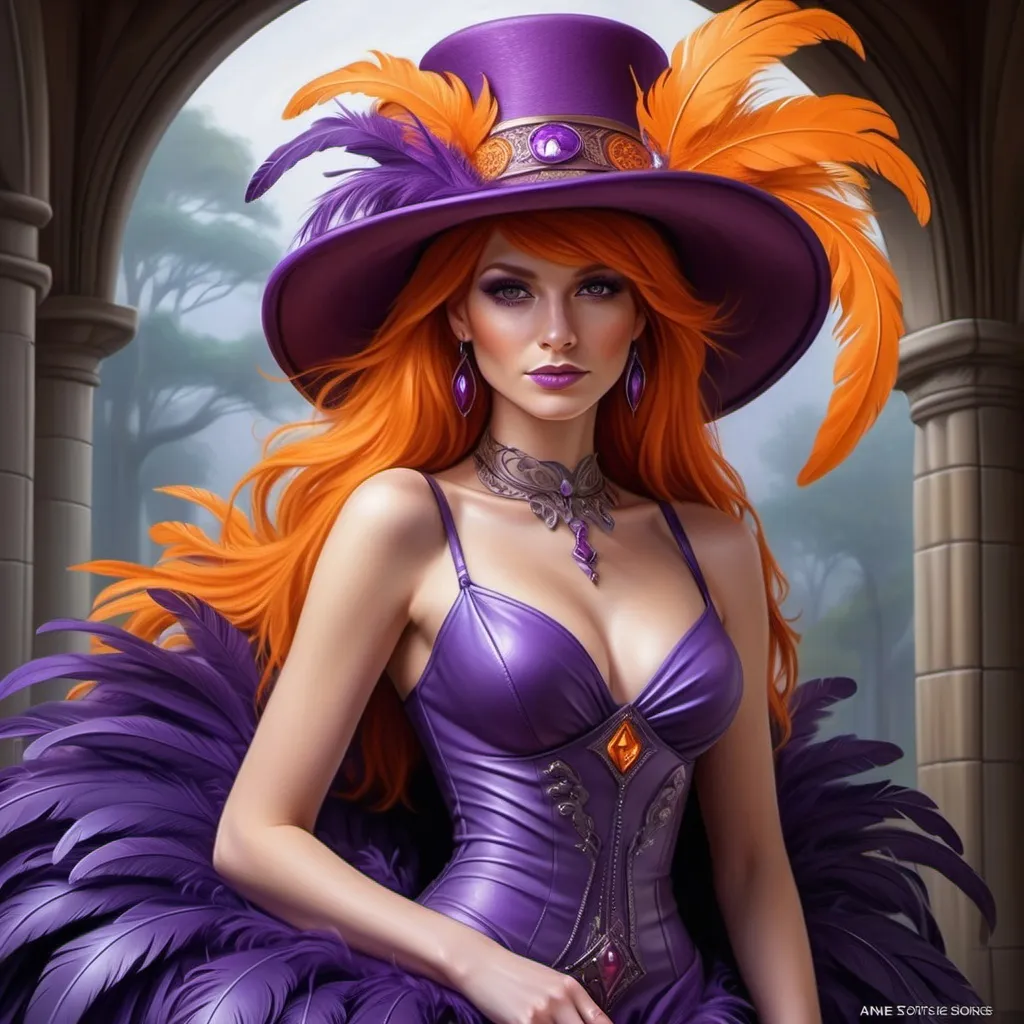 Prompt: <mymodel> a woman in a purple dress and hat with orange hair and a purple hat with orange feathers and a purple dress, Anne Stokes, fantasy art, highly detailed digital painting, a detailed painting