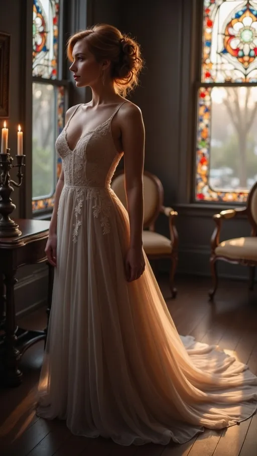 Prompt: Bathed in soft, flickering candlelight, a woman stands gracefully in an elegant room adorned with intricate stained glass windows, casting colorful patterns onto the polished wooden floor. She wears a stunning ivory gown featuring delicate lace details and a flowing train that drapes elegantly around her, accentuating her poised silhouette. Her gentle expression and soft, cascading auburn hair add an ethereal quality to her presence, creating a serene, almost romantic atmosphere. The interplay of light and shadow enhances the rich, dark tones of the room, contributing to a mood that evokes a sense of timeless beauty and elegance, as if she were a figure from a classic fairytale.