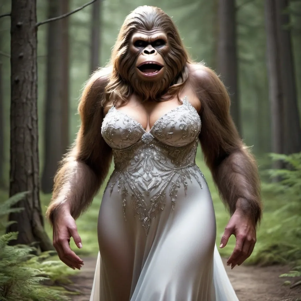 Prompt: A female bigfoot wearing an evening gown