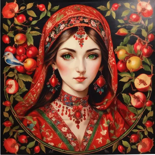 Prompt: A colorful design in the dimensions of 140x140 centimeters, its main theme is white and red, there are pomegranates and cherry blossoms in it, and some green leaves and branches and traditional Iranian designs are used, and there are small birds in it.