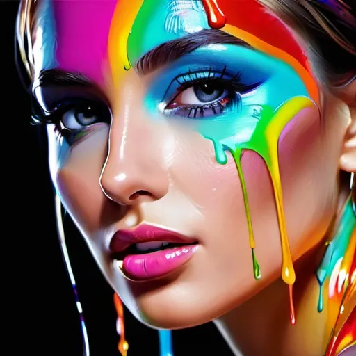 Prompt: Facial closeup of a female face, rainbow paint dripping, vibrant colors, high-definition, detailed, digital painting, close-up, colorful, expressive, rainbow paint drips, intense gaze, professional, vibrant, artistic, surreal, vivid colors, detailed facial features, digital art, high quality