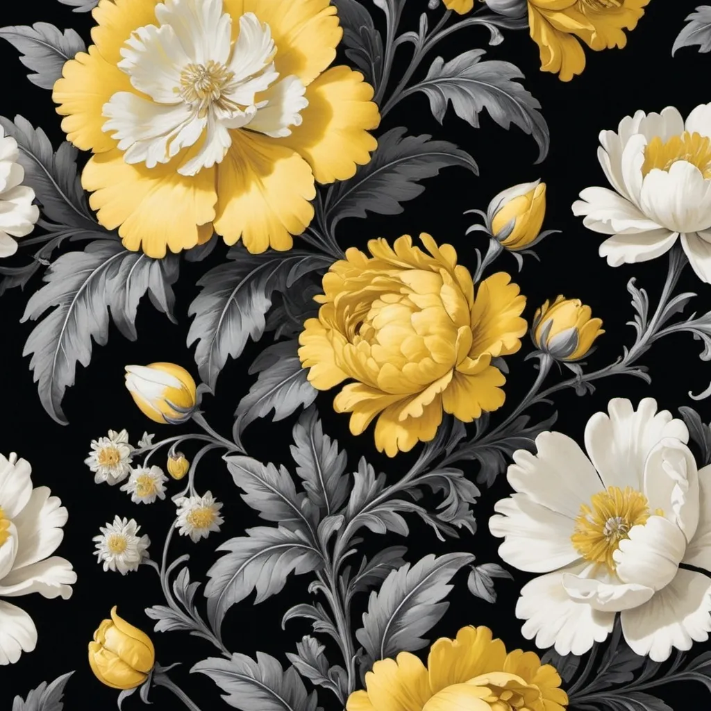 Prompt: a yellow and black floral wallpaper with white flowers on it's sides and black leaves on the top, Annabel Kidston, rococo, book cover, a flemish Baroque