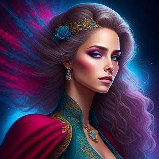 Prompt: <mymodel>Detailed digital painting of a powerful woman, vibrant colors, magical fantasy setting, flowing hair with intricate details, intense and confident expression, ethereal and mystical atmosphere, high quality, digital painting, fantasy, vibrant colors, flowing hair, powerful, confident, mystical, atmospheric lighting